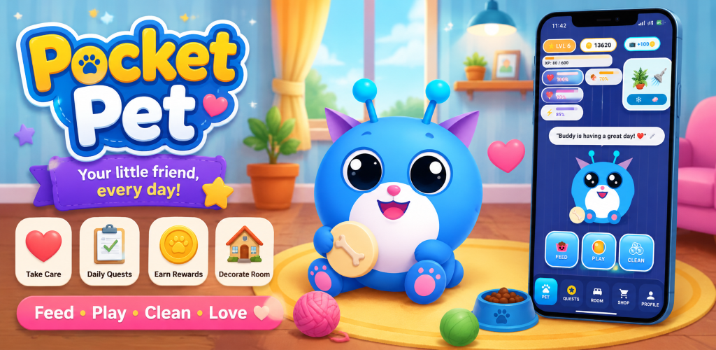 Pocket Pet game preview with a cheerful virtual pet