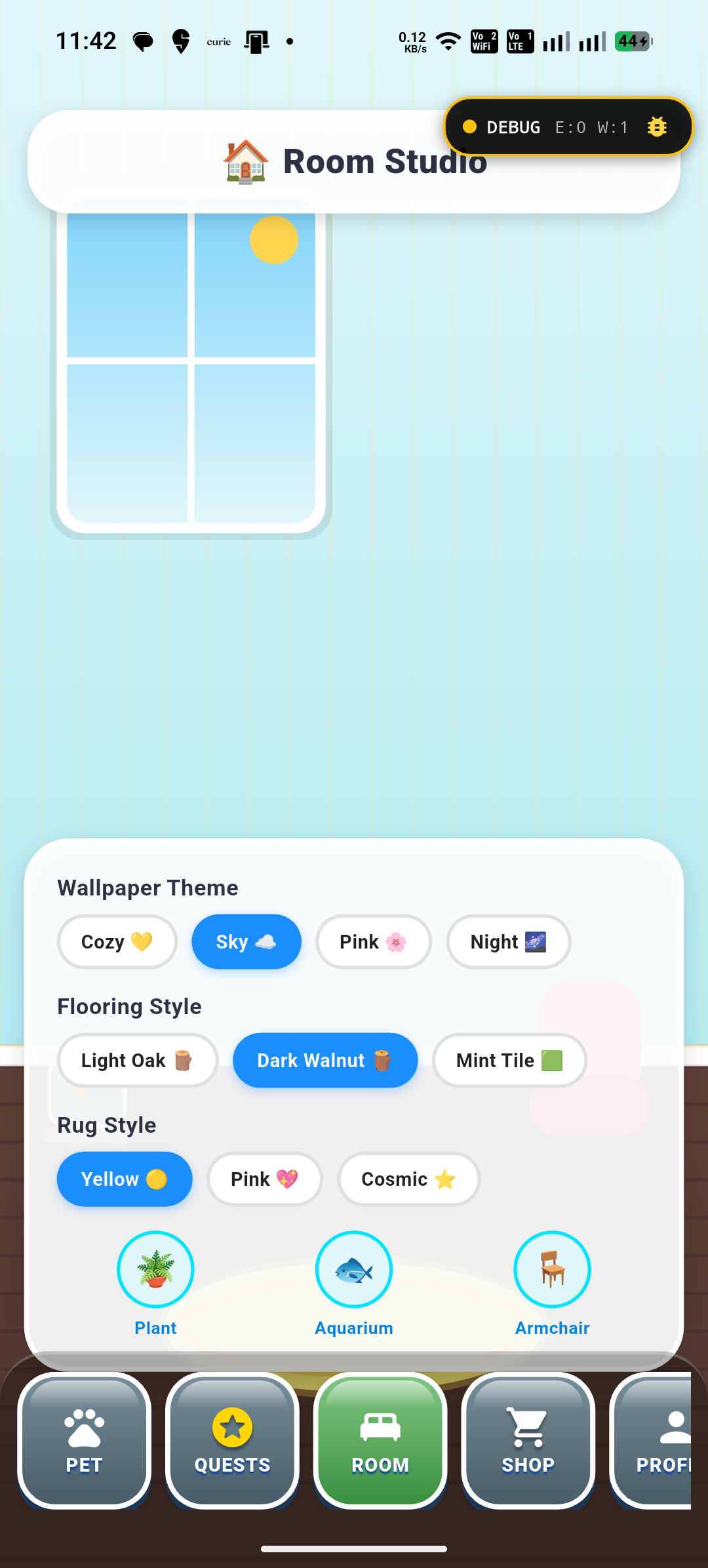 Pocket Pet room customization screen