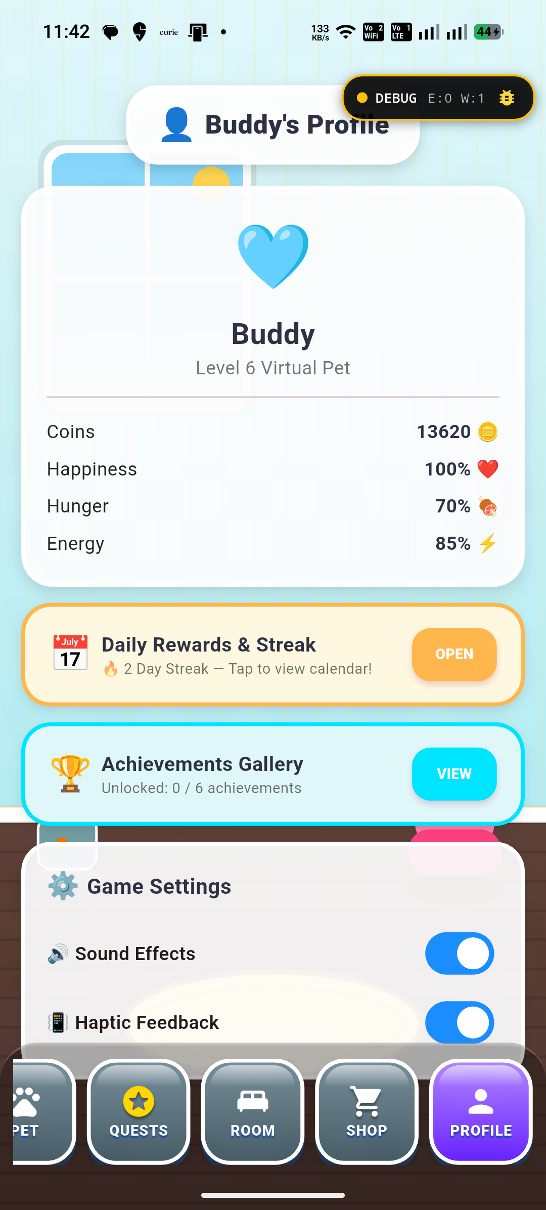 Pocket Pet profile screen